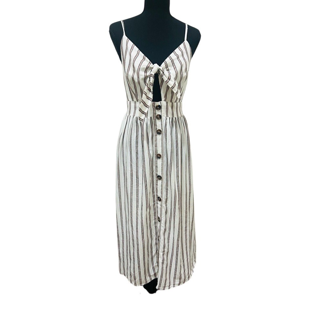 Japna Striped Tie-Front Button Midi Linen Dress